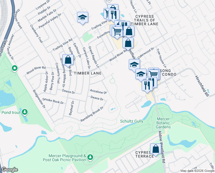 map of restaurants, bars, coffee shops, grocery stores, and more near 22914 Grand Rapids Lane in Spring