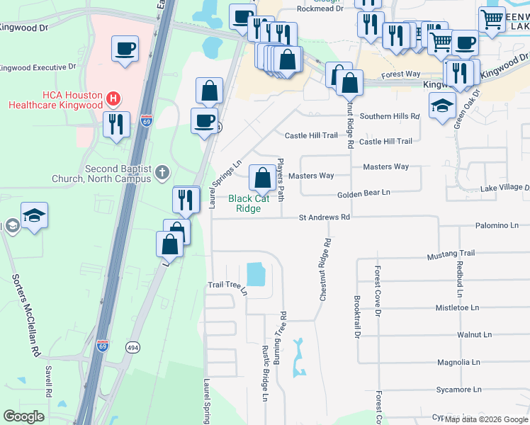 map of restaurants, bars, coffee shops, grocery stores, and more near 726 Saint Andrews Road in Humble
