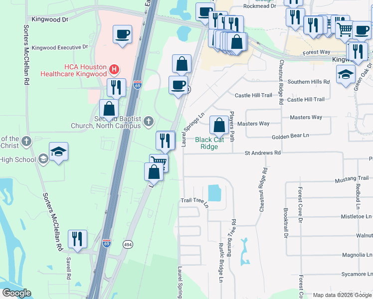 map of restaurants, bars, coffee shops, grocery stores, and more near 610 Saint Andrews Road in Humble