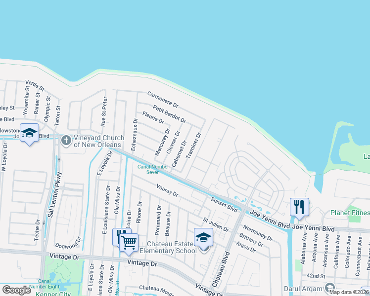map of restaurants, bars, coffee shops, grocery stores, and more near 16 Cabernet Drive in Kenner