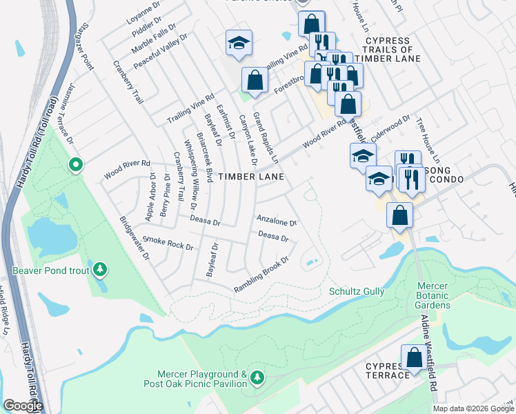 map of restaurants, bars, coffee shops, grocery stores, and more near 2502 Anzalone Drive in Spring