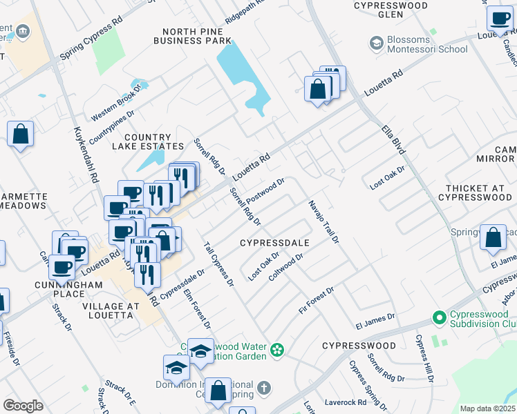 map of restaurants, bars, coffee shops, grocery stores, and more near 3914 Cypressdale Drive in Spring