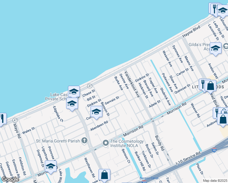 map of restaurants, bars, coffee shops, grocery stores, and more near 8822 Dinkins Street in New Orleans