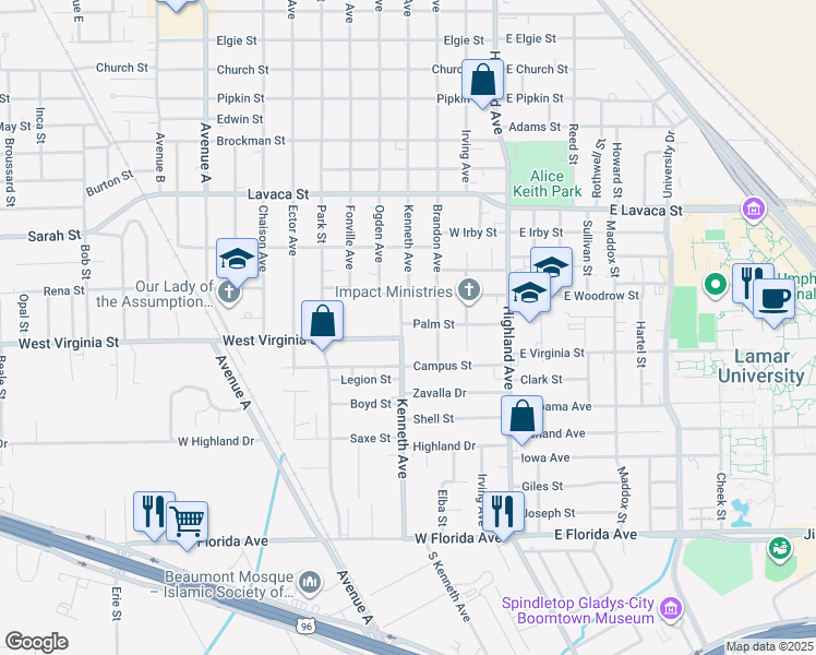 map of restaurants, bars, coffee shops, grocery stores, and more near 4513 Kenneth Avenue in Beaumont