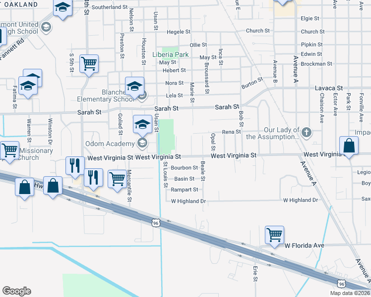 map of restaurants, bars, coffee shops, grocery stores, and more near 2250 West Virginia Street in Beaumont