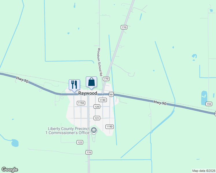map of restaurants, bars, coffee shops, grocery stores, and more near 86 FM 770 Road South in Liberty