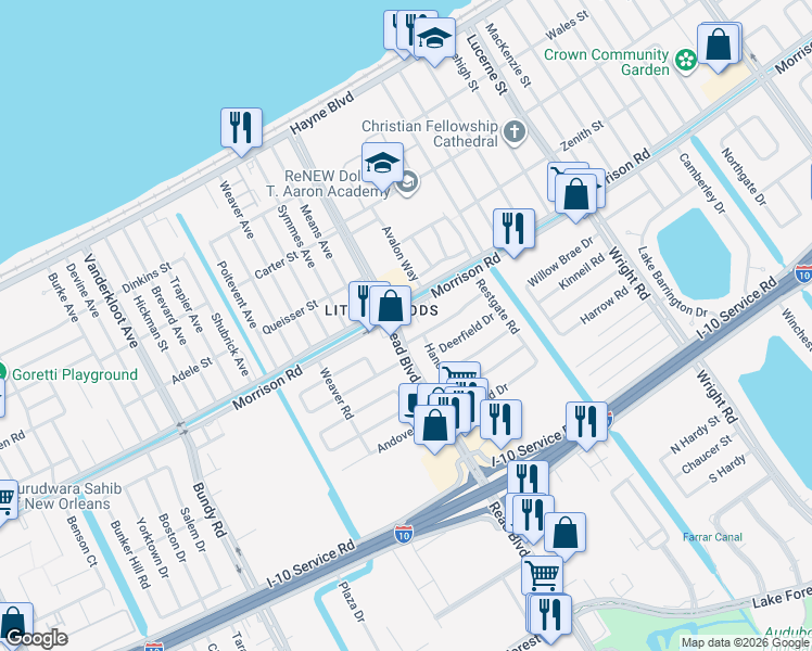 map of restaurants, bars, coffee shops, grocery stores, and more near 7361 Read Boulevard in New Orleans
