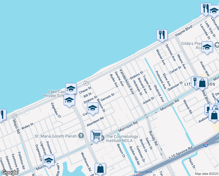 map of restaurants, bars, coffee shops, grocery stores, and more near 8822 Dinkins Street in New Orleans