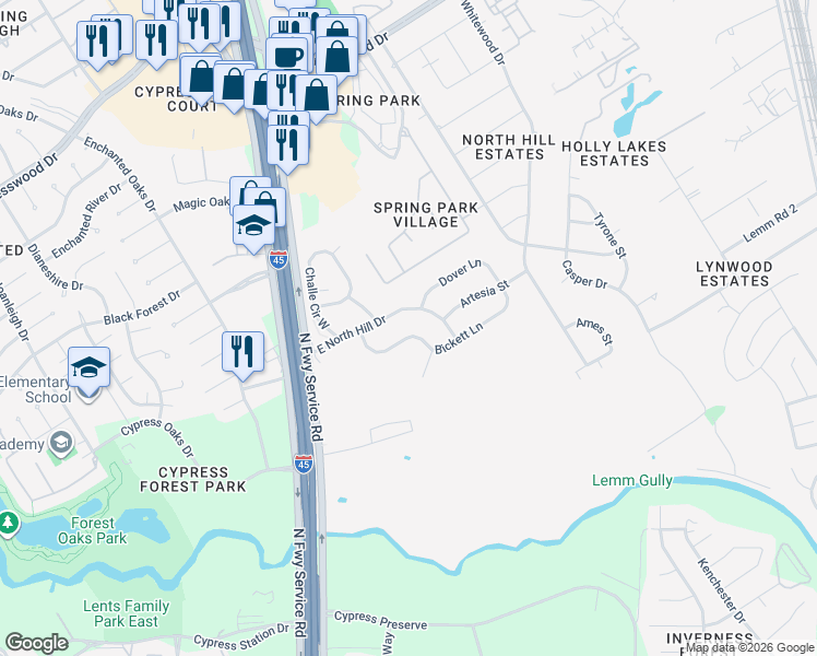 map of restaurants, bars, coffee shops, grocery stores, and more near 234 Bickett Lane in Spring