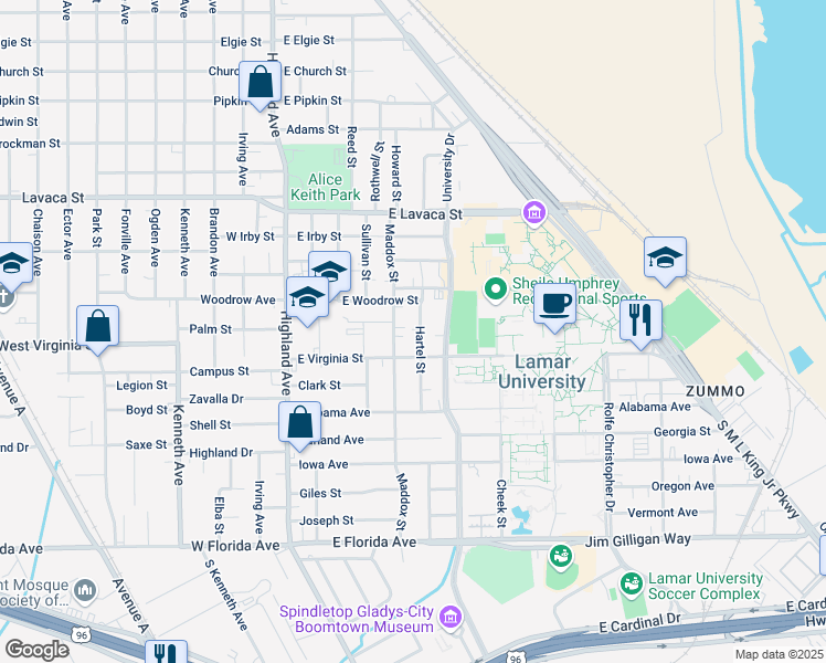 map of restaurants, bars, coffee shops, grocery stores, and more near 605 East Virginia Avenue in Beaumont