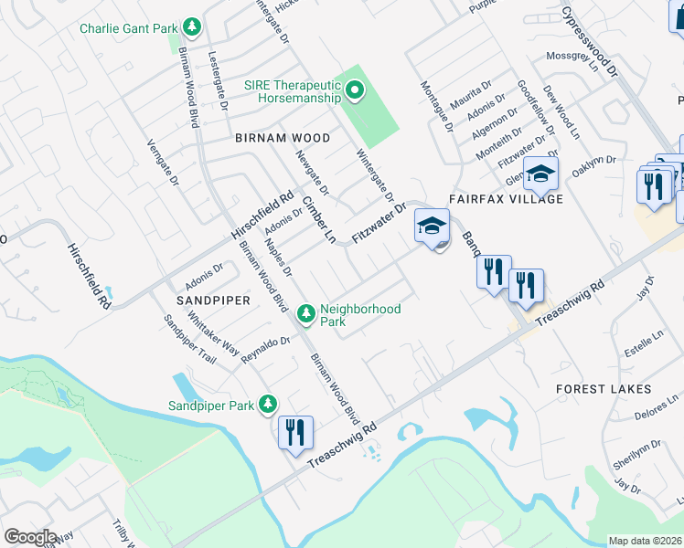 map of restaurants, bars, coffee shops, grocery stores, and more near 23107 Harpergate Drive in Spring