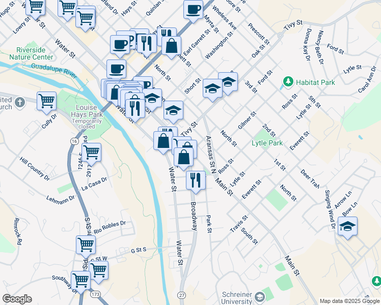 map of restaurants, bars, coffee shops, grocery stores, and more near 1016 Main Street in Kerrville