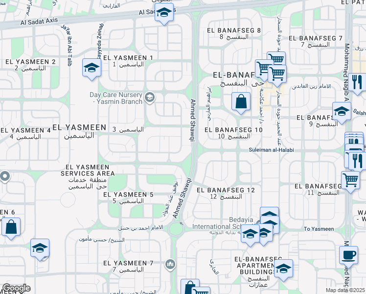 map of restaurants, bars, coffee shops, grocery stores, and more near in New Cairo 1