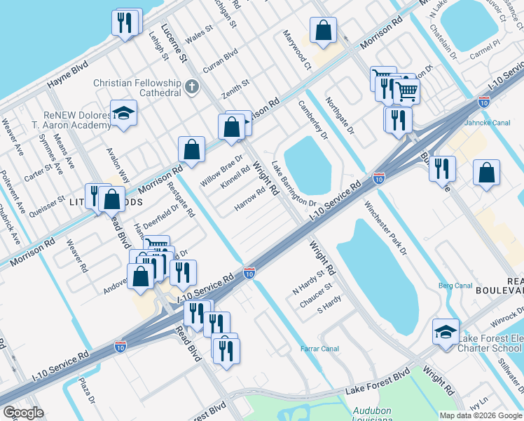 map of restaurants, bars, coffee shops, grocery stores, and more near 10941 Harrow Road in New Orleans