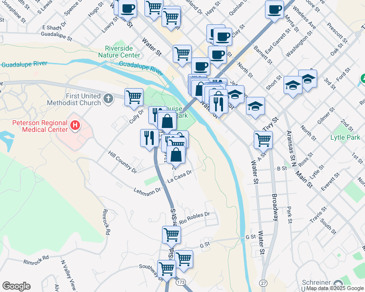 map of restaurants, bars, coffee shops, grocery stores, and more near 1142 East in Kerrville