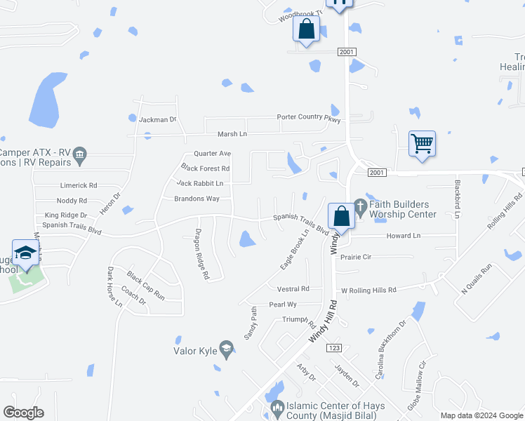 map of restaurants, bars, coffee shops, grocery stores, and more near 157 Pebble Creek Lane in Buda