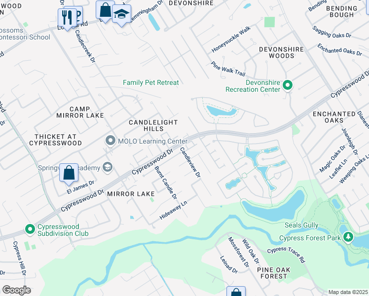 map of restaurants, bars, coffee shops, grocery stores, and more near 2803 Crescent Star Road in Spring