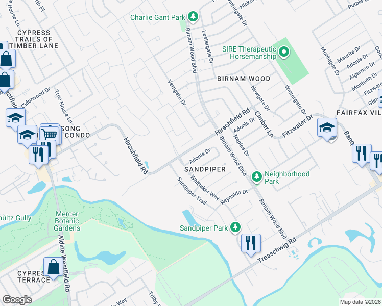 map of restaurants, bars, coffee shops, grocery stores, and more near 3918 Hirschfield Road in Spring