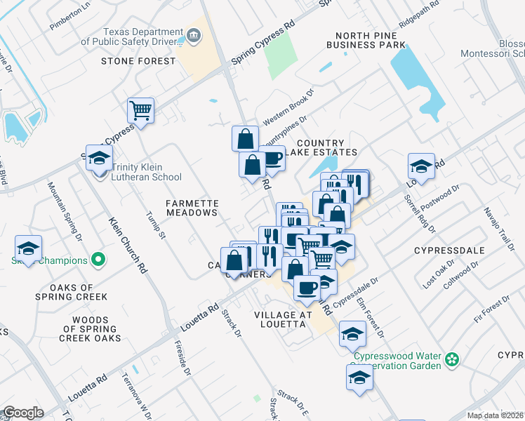 map of restaurants, bars, coffee shops, grocery stores, and more near 18737 Kuykendahl Road in Spring