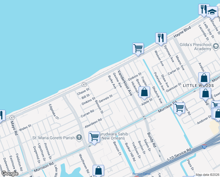 map of restaurants, bars, coffee shops, grocery stores, and more near 8830 Hayne Boulevard in New Orleans