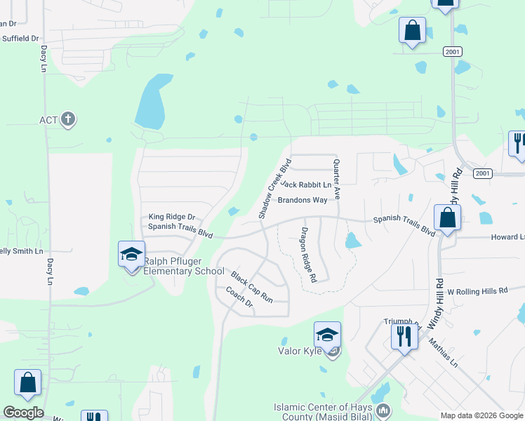 map of restaurants, bars, coffee shops, grocery stores, and more near 1049 Shadow Creek Boulevard in Buda
