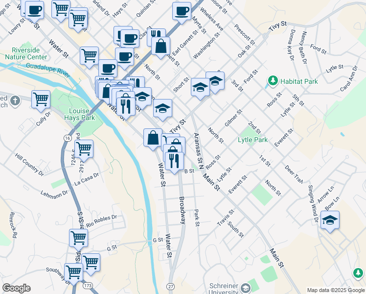 map of restaurants, bars, coffee shops, grocery stores, and more near 1016 Main Street in Kerrville