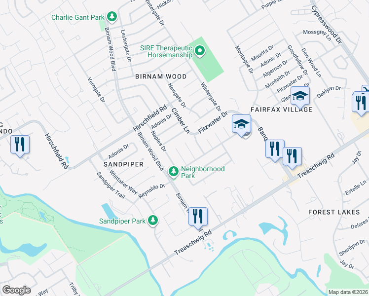 map of restaurants, bars, coffee shops, grocery stores, and more near 23130 Harpergate Drive in Spring