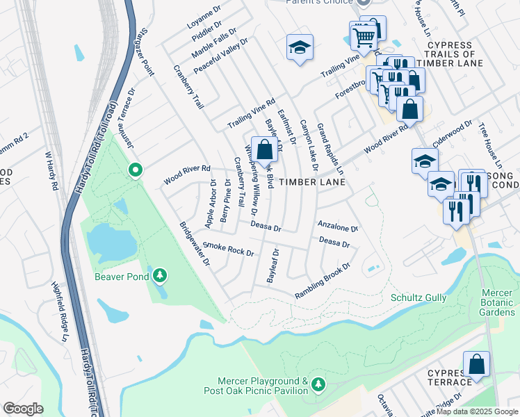 map of restaurants, bars, coffee shops, grocery stores, and more near 23107 Briarcreek Boulevard in Spring