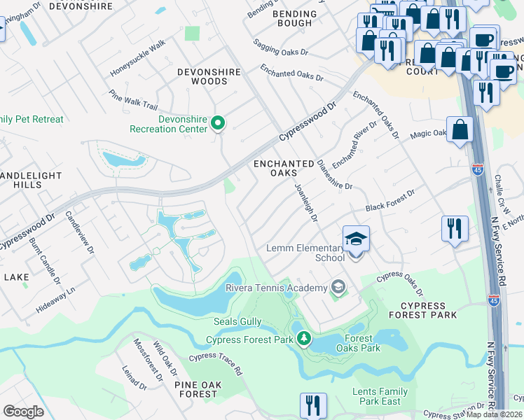 map of restaurants, bars, coffee shops, grocery stores, and more near 702 Enchanted Trail Drive in Spring