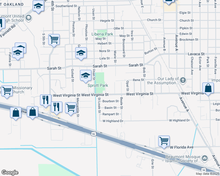 map of restaurants, bars, coffee shops, grocery stores, and more near 2250 West Virginia Street in Beaumont