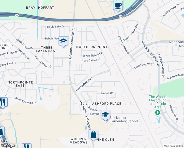 map of restaurants, bars, coffee shops, grocery stores, and more near 19306 English Pine Court in Tomball