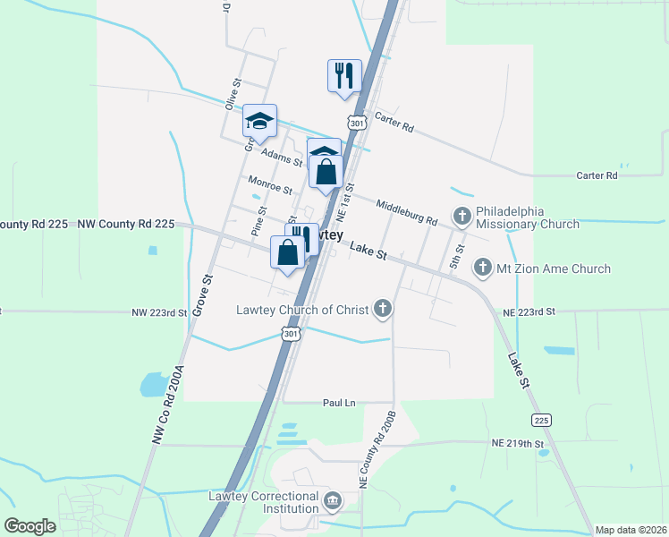 map of restaurants, bars, coffee shops, grocery stores, and more near 22483 Southeast 1st Street in Lawtey