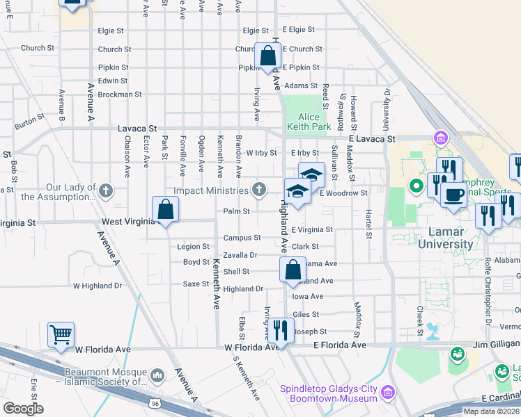 map of restaurants, bars, coffee shops, grocery stores, and more near 590 Palm Avenue in Beaumont