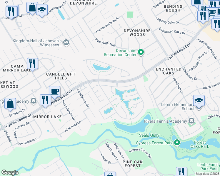 map of restaurants, bars, coffee shops, grocery stores, and more near 2606 Hendricks Lakes Drive in Spring