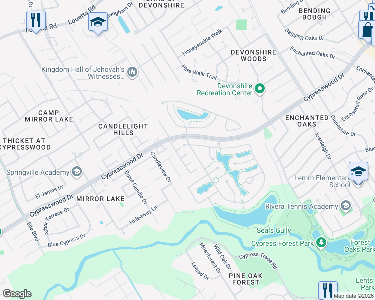 map of restaurants, bars, coffee shops, grocery stores, and more near 2630 Hendricks Lakes Drive in Spring