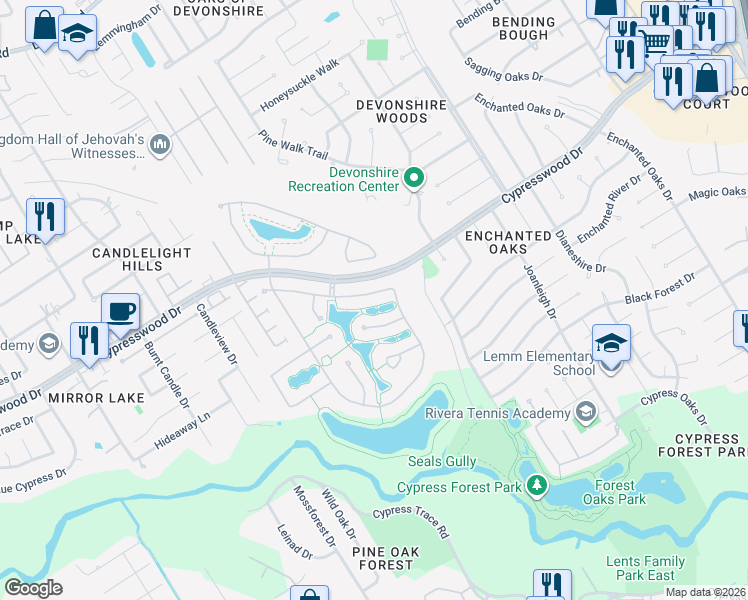 map of restaurants, bars, coffee shops, grocery stores, and more near 2414 Hendricks Lakes Drive in Spring