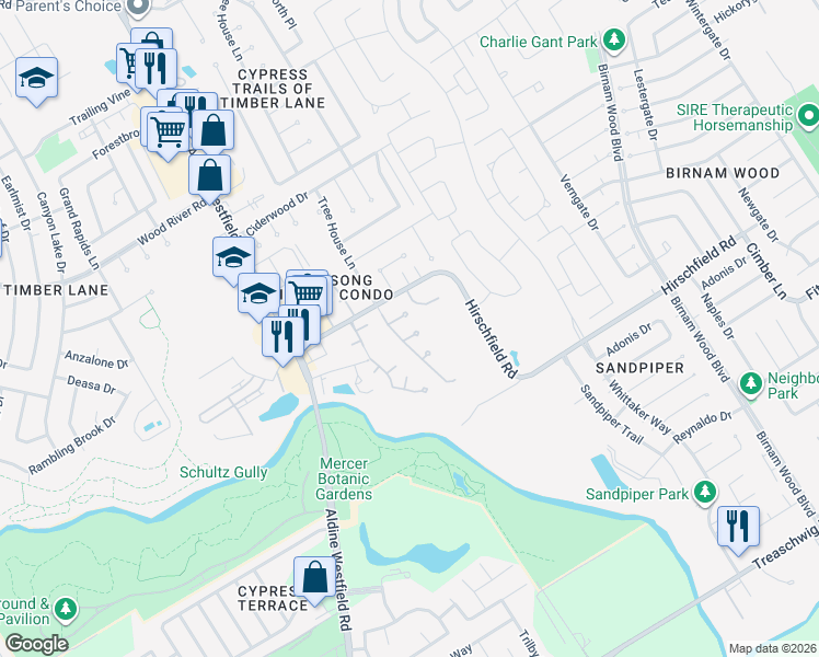 map of restaurants, bars, coffee shops, grocery stores, and more near 3113 Trembling Creek Circle in Spring