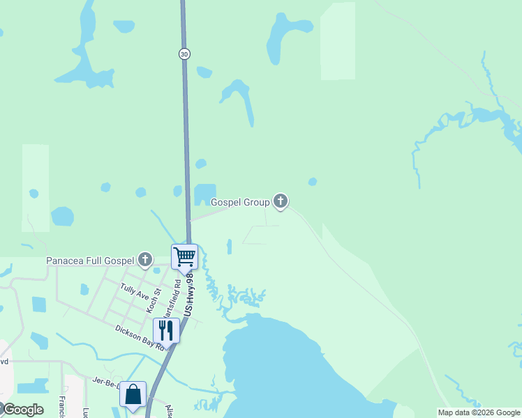 map of restaurants, bars, coffee shops, grocery stores, and more near 85 Bottoms Road in Panacea