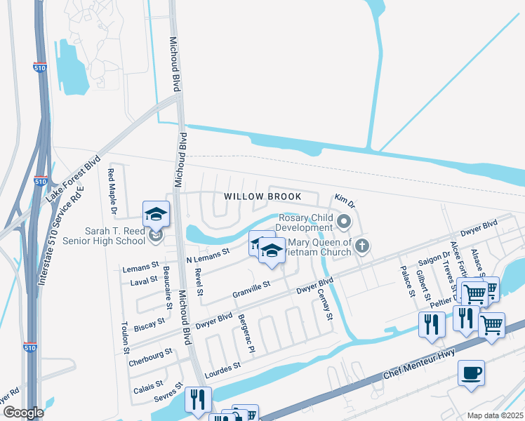 map of restaurants, bars, coffee shops, grocery stores, and more near 5471 Provincial Place in New Orleans