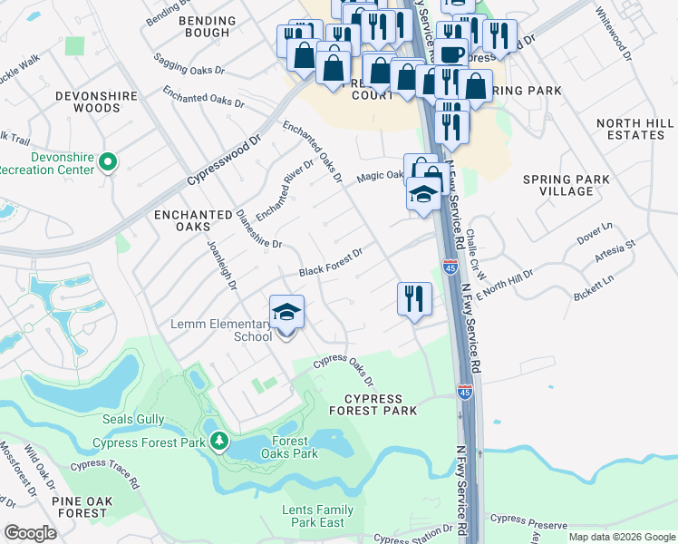 map of restaurants, bars, coffee shops, grocery stores, and more near 19102 Cypress Estates Court in Spring