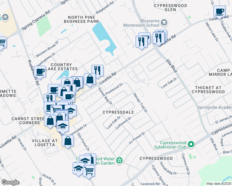 map of restaurants, bars, coffee shops, grocery stores, and more near 3843 Postwood Drive in Spring