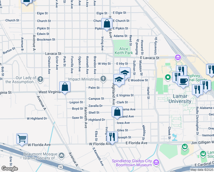 map of restaurants, bars, coffee shops, grocery stores, and more near 536 Palm Street in Beaumont