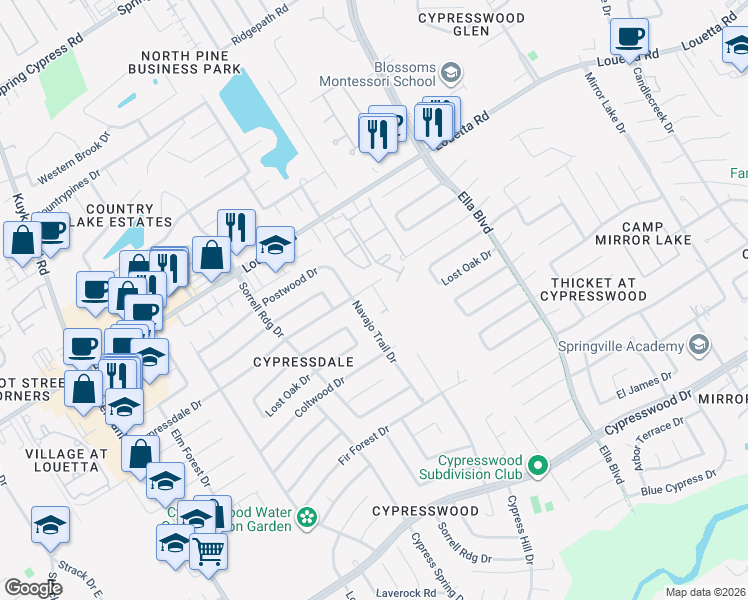 map of restaurants, bars, coffee shops, grocery stores, and more near 18211 Mantana Drive in Spring