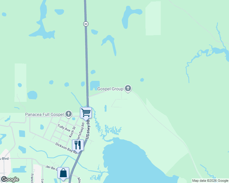 map of restaurants, bars, coffee shops, grocery stores, and more near 85 Bottoms Road in Panacea