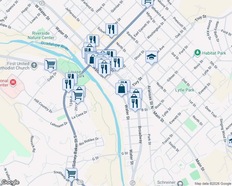 map of restaurants, bars, coffee shops, grocery stores, and more near 932-960 Water Street in Kerrville