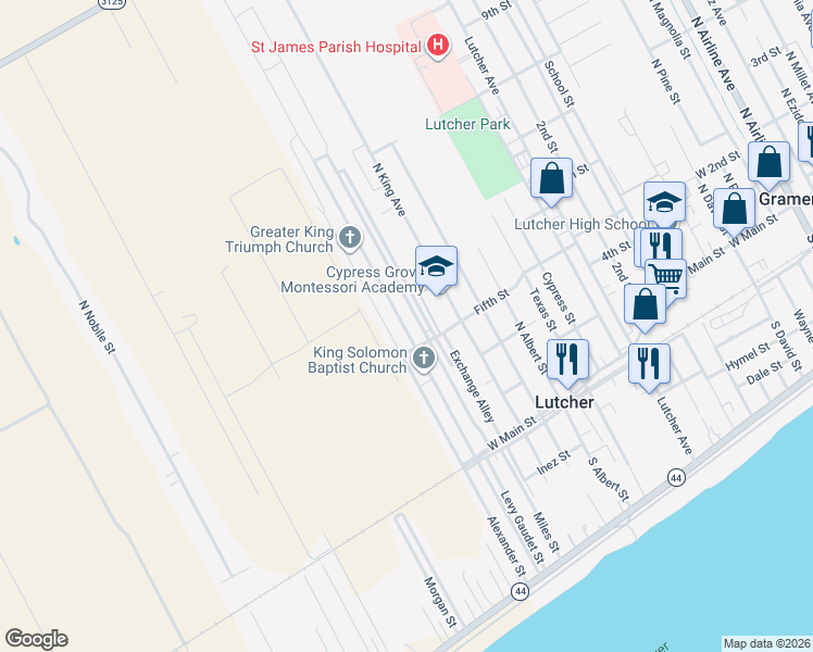 map of restaurants, bars, coffee shops, grocery stores, and more near 2467 West Lebray Street in Lutcher