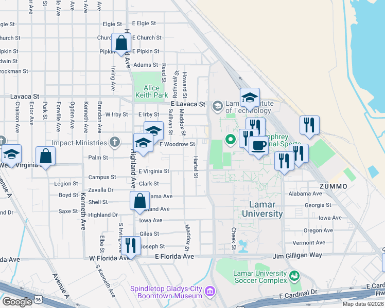 map of restaurants, bars, coffee shops, grocery stores, and more near 4425 Hartel Street in Beaumont