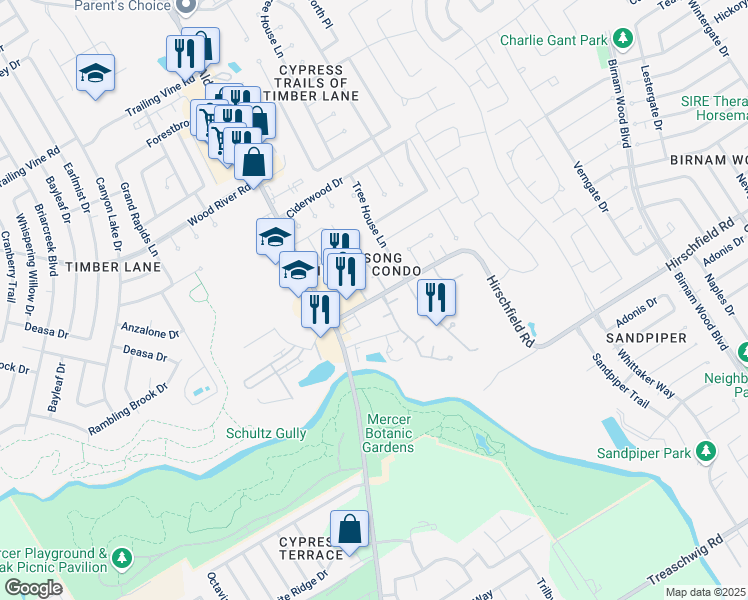 map of restaurants, bars, coffee shops, grocery stores, and more near 2929 Hirschfield Road in Spring