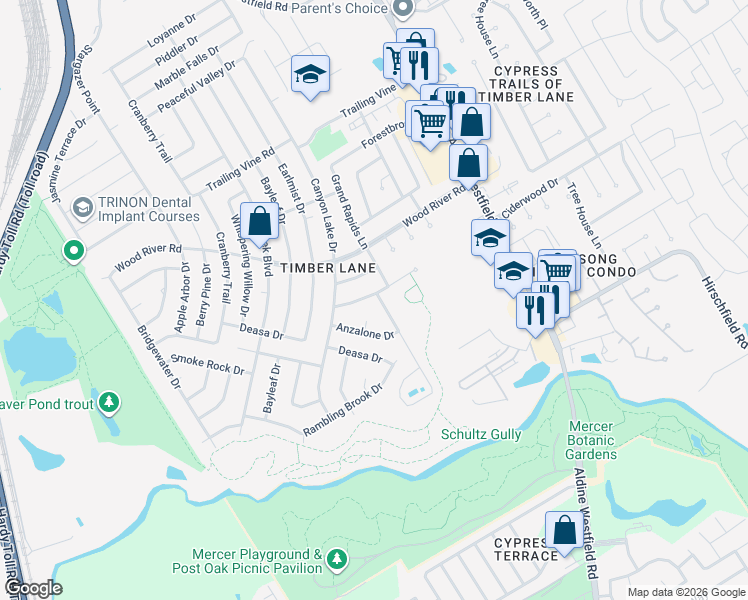 map of restaurants, bars, coffee shops, grocery stores, and more near 2531 Ciderwood Drive in Spring