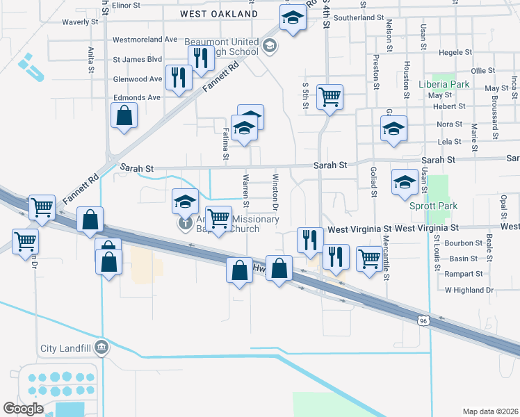 map of restaurants, bars, coffee shops, grocery stores, and more near 3255 Posey Street in Beaumont